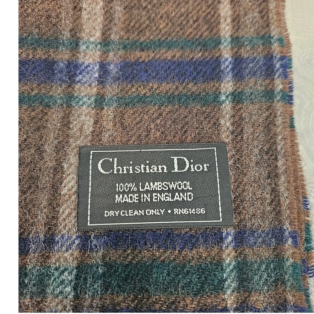 Christian Dior Vintage Brown Plaid Lambswool Scarf Made in England Fringed